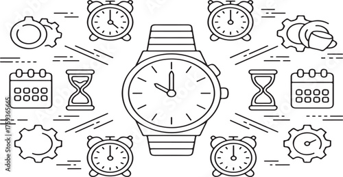watch, time, clock, management, planning, deadline, schedule, calendar, hourglass, gears, mechanism, business, organization, efficiency, productivity, vector, vector illustration icon design 