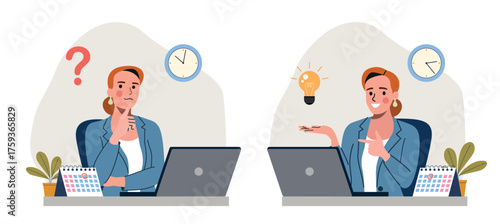 Young woman before the laptop with question mark in think bubble and  finding new idea. Shiny light bulb. Flat style cartoon vector illustration.