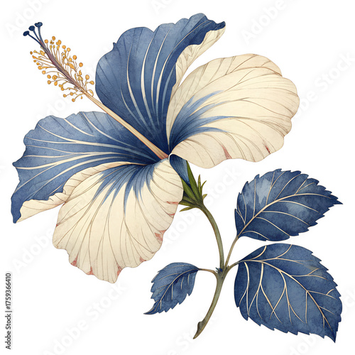 Midnight Hibiscus Watercolor Flower with Cream Petals and Dark Leaves.