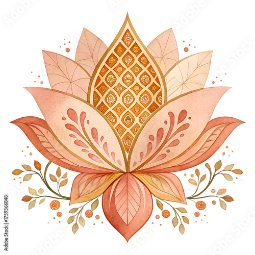 Thai Lotus Mandala Watercolor Flower in Golden Terracotta Tones
