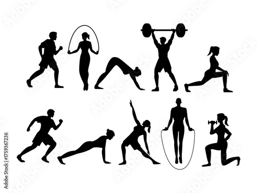 people working out silhouette set for gym fitness, men and women running, jump rope, weightlifting, stretching. front and side view, black shadow elevation. illustration isolated on white background.