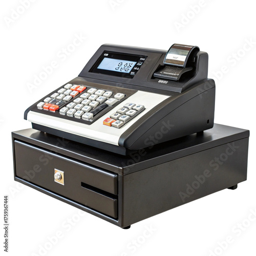 Black cash register with keypad, display, and receipt printer isolated on transparent background