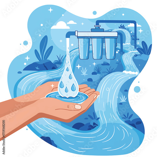 Illustration of a hand holding clean water flowing from a filtration system into a serene natural environment with blue tones.