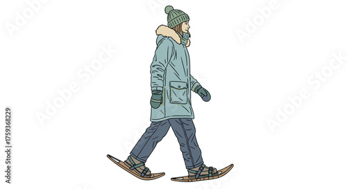 Woman walking in snowshoes wearing winter clothes illustration