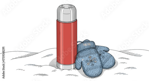 Thermos and mittens in snow illustrated in winter colors