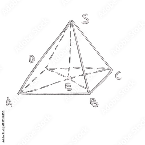 Hand Drawn 3D Pyramid Diagram with Labeled Vertices and Center Keywords: pyramid, 3D, geometry, shape, solid, geometric isolated on a transparent background