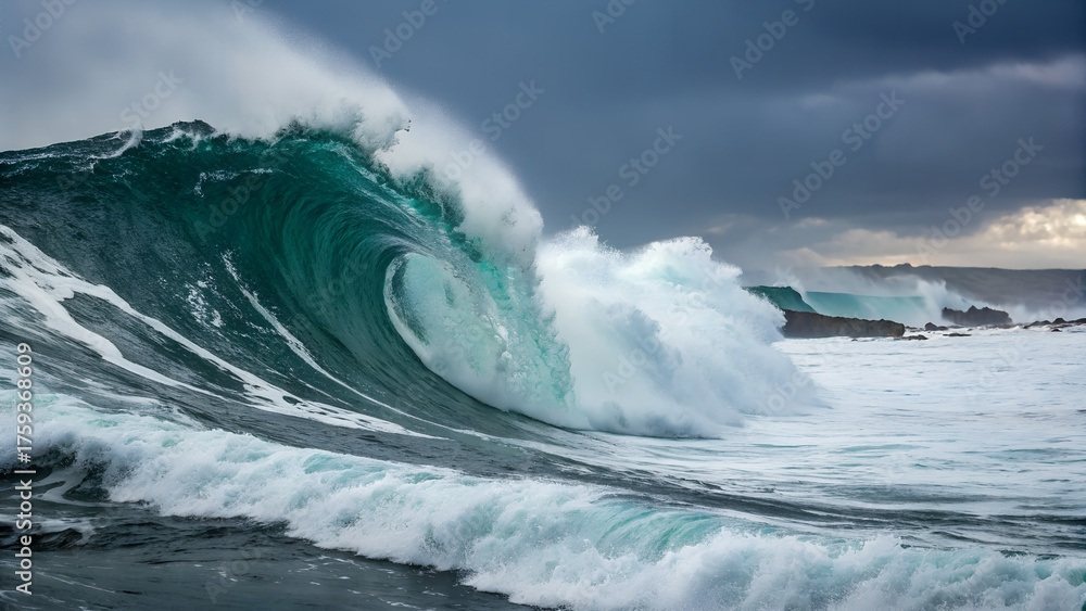 Fototapeta premium Dramatic turquoise wave crashes powerfully under moody skies, showcasing raw ocean energy and coastal beauty perfect for adventure and travel marketing