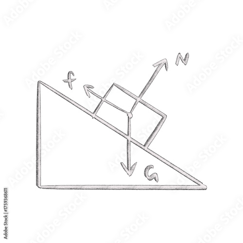 Physics Diagram of Forces Acting on a Block on an Inclined Plane Keywords: physics, inclined plane, ramp, block, forces isolated on a transparent background