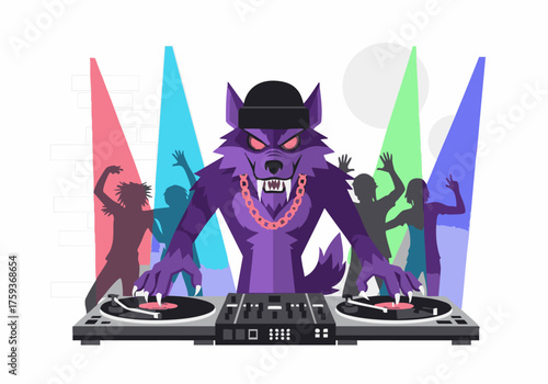 A purple werewolf DJ spins records at a lively party, entertaining silhouetted dancers.