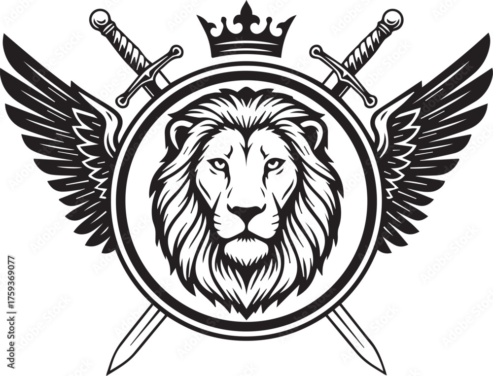Obraz premium Lion head crest with swords and wings on white background Keywords: lion, crest, emblem