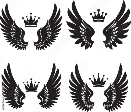 Four Pairs of Black Wings with Crowns angel wings bird wings