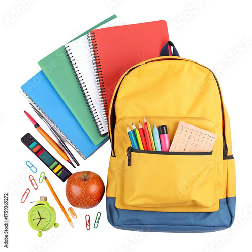 Yellow backpack with school supplies, isolated on transparent background