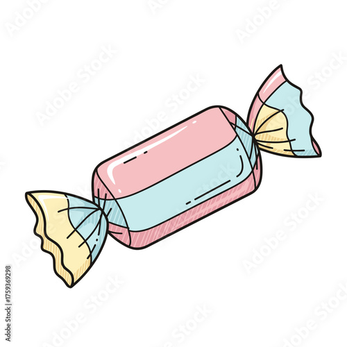 Colorful wrapped candy in pink and blue with yellow ends  