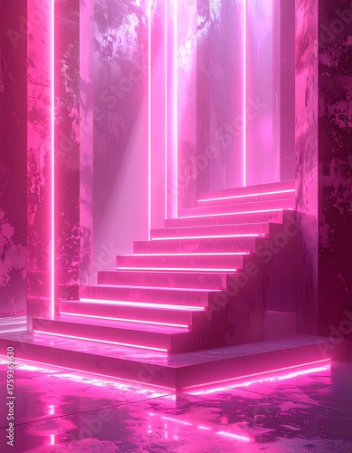 Neon lit staircase ascends within a distressed, pink-toned architectural space