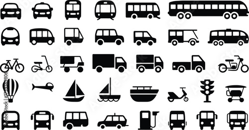 Large Collection of Black Silhouette Icons Representing Various Modes of Transportation