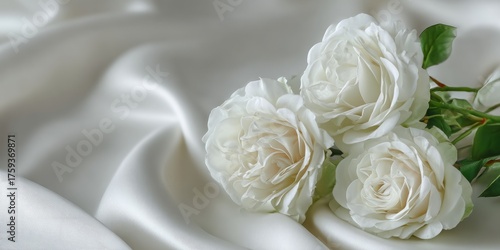 Elegant White Roses on Silk Fabric: Graceful Floral Beauty and Luxurious Textile Harmony