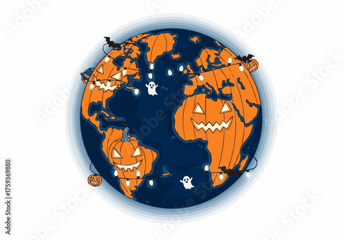 A whimsical illustration of planet Earth decorated with Halloween jack-o'-lanterns, bats, and ghosts.