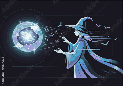 A stylized illustration of a witch casting a spell, with symbols emanating from a glowing orb in a dark, magical setting.