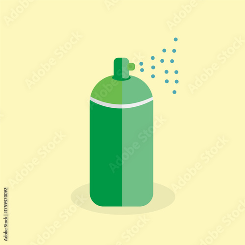 Stylized green spray can vector icon, actively releasing a fine mist, perfect for modern graphic design