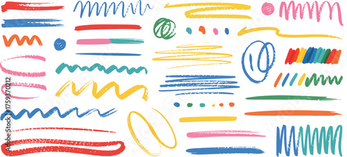 Assortment of Colorful Hand Drawn Brush Strokes and Doodles on White Background 
