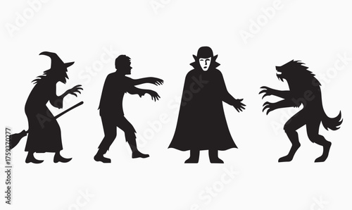 "Halloween Horror Silhouettes – Witch, Zombie, Vampire, Werewolf Vector for Spooky Seasonal Designs"