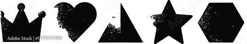 Black Distressed Geometric Shapes Including Crown Heart Triangle Star Hexagon grunge