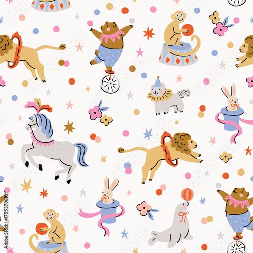 vector circus seamless pattern. Cute animals and stars on the white background. Funny circus print design, seamless texture. Preppy kids fabric design.  