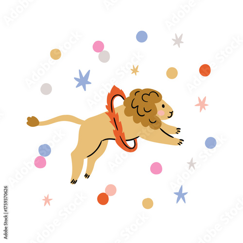 Vector festive lion illustration. Cute circus poster for nursery. The lion spins into the burning ring on white background. 