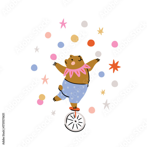 Vector bear acrobat on a bicycle on white background. Festive circus animal illustration. Funny childish bear kids poster for nursery.