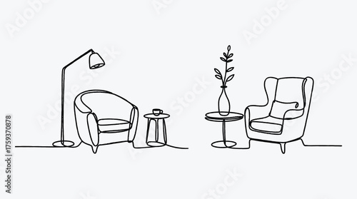 Minimalist Living Room Interior Design Single Line Drawing Illustration Style