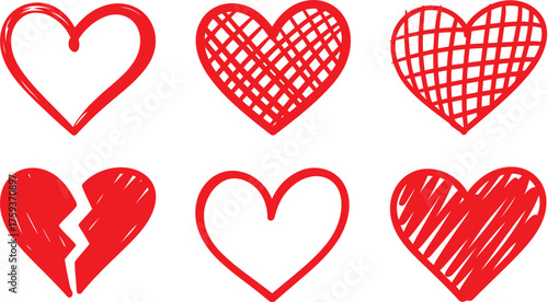Collection of Six Red Hand Drawn Hearts in Various Styles on White Background love romance