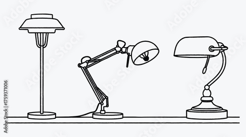 Three different styles of lamps in a minimalist black line drawing