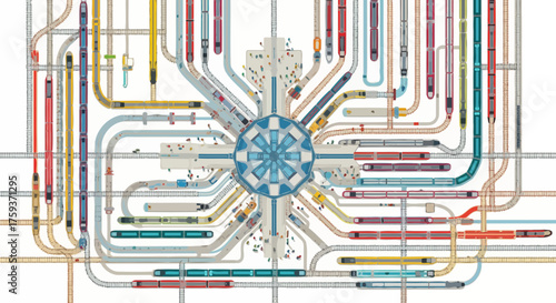 Intricate infographic illustrating a complex, multi-colored public transportation network with numerous train lines converging at a central hub.