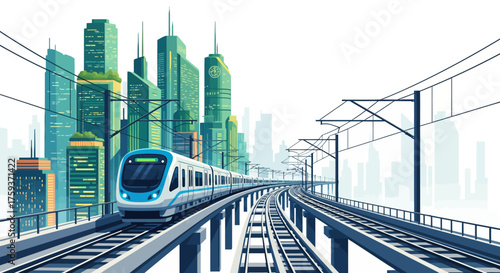 Modern train on elevated tracks with city skyline in the background.
