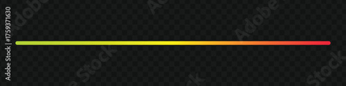 Neon light bar with gradient effect. Straight line or pipe with green to yellow to red glowing colors on transparent dark background.