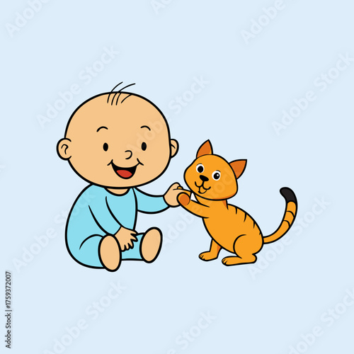 Happy baby and orange cat playing together