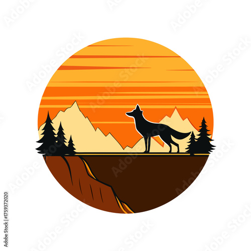Silhouette of a fox standing on a cliff at sunset