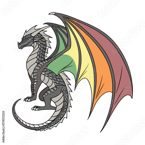 Majestic rainbow winged dragon creature sitting proudly mythical fantasy beast isolated on transparent background