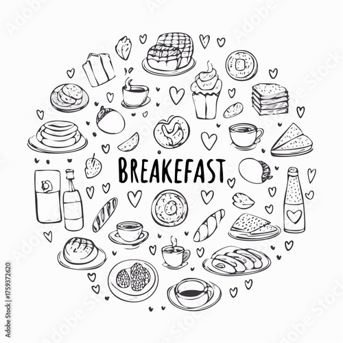 Hand drawn breakfast doodles set.
