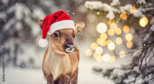 Cute baby reindeer wearing Santa hat in snowy winter forest with Christmas lights, festive holiday background