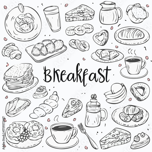Hand drawn breakfast doodles set.