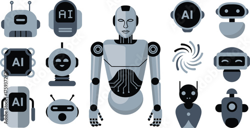 Assorted Robots and AI Technology Illustrations Cartoon Cyborg, Simple Bots, and Abstract Whirlwind Design Elements for Digital Use