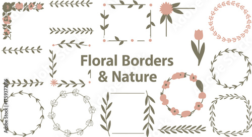 Assortment of Floral Borders and Frames Branch, Flower, and Leaf Vectors in Muted Tones