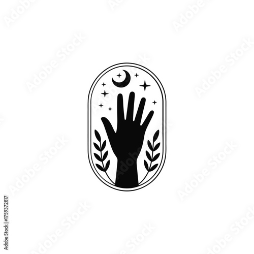 Mystical hand reaching towards celestial moon and stars