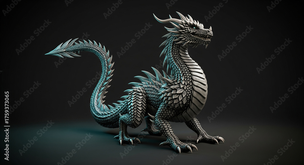 Obraz premium A powerful and detailed silver dragon statue on a dark background, a perfect concept for fantasy, mythology, and strength