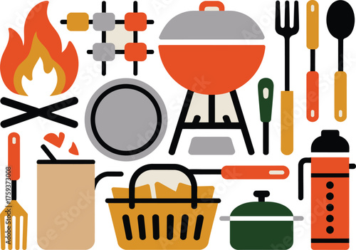 Camping and BBQ with Fire, Grill, Skewers, Cooking Utensils, and Food Basket