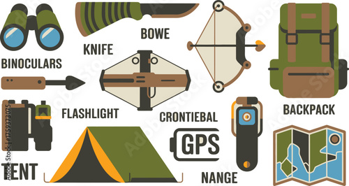 Camping and Hunting Essentials Illustration Backpack, Binoculars, Bow, Knife, Tent, GPS, Flashlight and Map