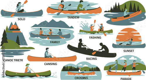 Canoeing Activities Illustration of Solo, Tandem, Family, Racing, Sunset, and Parade Canoeing Scenarios Depicted