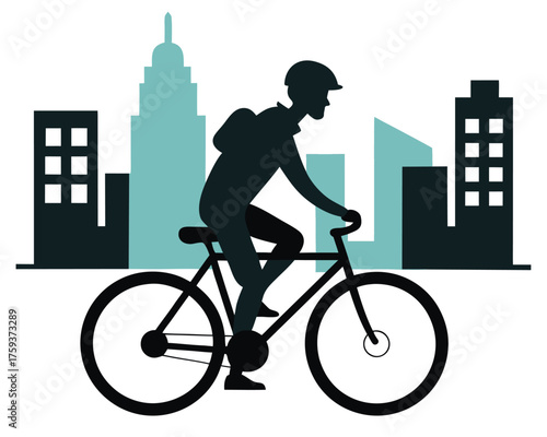 Urban bicycle commuter in city silhouette on a white background