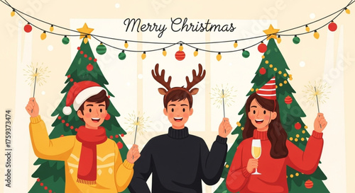 Merry Christmas and Happy New Year party. Cheerful young people celebrating the winter holidays with sparklers and champagne next to a festive Christmas tree. Flat cartoon vector illustration.